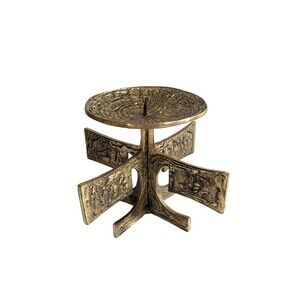 Vintage Mid Century Brutalist Brass Pillar Candle Holder Sculptural Metal Art